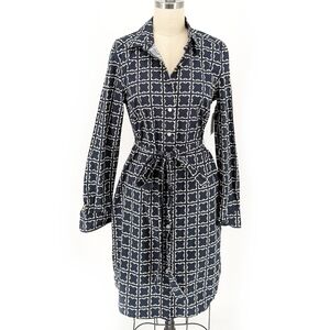Liz Claiborne Motif Printed Shirtdress Navy Blue White 4 preppy classic retro